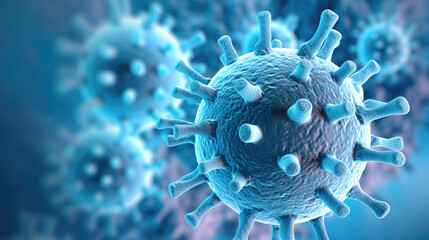 Closeup blue Coronavirus COVID-19 in human lung body background. Science microbiology concept. Corona virus outbreak epidemic. Medical health virology infection research. Generative Ai
