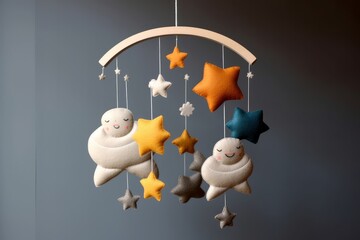 Baby crib mobile with stars, planets, clouds and moon. Kids handmade toys above the newborn crib. First baby eco-friendly toys made from felt and wood, Generative AI