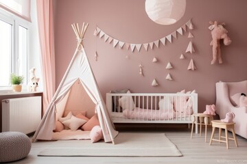 Pink colored baby nursery with cradle and play tent in scandinavian style. Baby girl bedroom. Generative AI