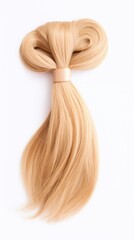 Blonde hair lock tied in knot. Strand of honey blonde hair isolated on white background, top view. Hairdresser service, hair strength, cut, dying or coloring, hair extension, treatment, Generative AI