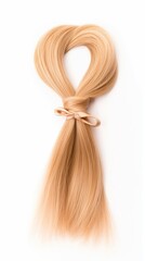 Blonde hair lock tied in knot. Strand of honey blonde hair isolated on white background, top view. Hairdresser service, hair strength, cut, dying or coloring, hair extension, treatment, Generative AI - obrazy, fototapety, plakaty