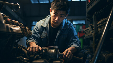 An Asian car mechanic diligently examining a vehicle's safety features..
