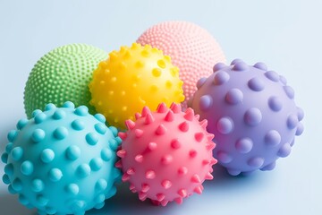 Sensory balls for kids, textured plastic multi ball set for babies and toddlers, colorful soft squeezy sensory toys to enhance cognitive and physical processes of children. Free space, Generative AI