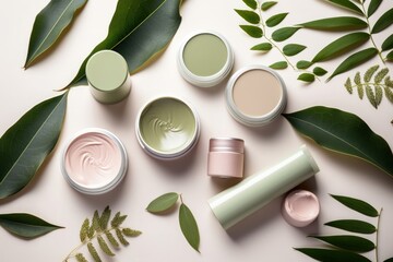 Eco friendly cosmetics decorated with green leaves, organic facial skincare, makeup and skin care cosmetic items. Generative AI