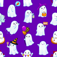 Halloween kawaii ghosts seamless pattern with funny baby spooks wear striped witch hat, holding balloons, boo banner, pumpkin bucket with sweets and flag garland. Vector holiday tile background