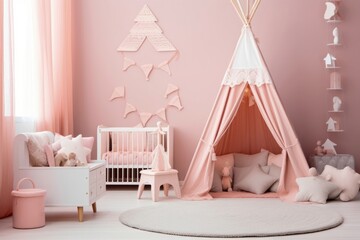 Pink colored baby nursery with cradle and play tent in scandinavian style. Baby girl bedroom. Generative AI