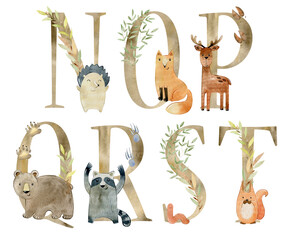 Watercolor woodland animals letters for invitation card, nursery poster and other.