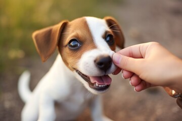 Cheerful puppy Jack Russell terrier playfully biting the fingers of its owner, Generative AI
