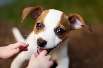 Cheerful puppy Jack Russell terrier playfully biting the fingers of its owner, Generative AI