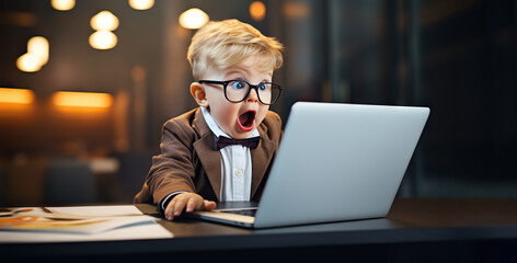 Surprised cute kid staring at laptop screen in office. Copy space