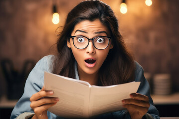 woman reading books and giving shocking expression - obrazy, fototapety, plakaty