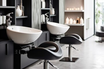 Hairdresser's workplace. Modern beauty salon. Hair salon interior business, Generative AI