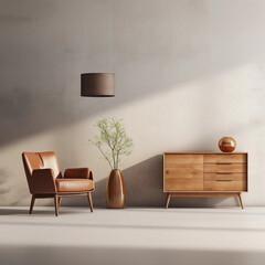 Interior of minimal living room with wooden chair, chest of drawers and vase with flowers near the wall, extremely modern and minimalistic style, grunge wallpaper, window light, Generative AI.