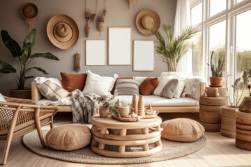Stylish and modern boho inspired living room with carpet, rattan furniture, pillows, plants, photo wall decoration and personal accessories. Natural home decor, boho room interior, Generative AI