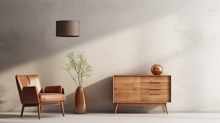 Interior of minimal living room with wooden chair, chest of drawers and vase with flowers near the wall, extremely modern and minimalistic style, grunge wallpaper, window light, Generative AI.