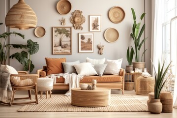 Fototapeta na wymiar Stylish and modern boho inspired living room with carpet, rattan furniture, pillows, plants, photo wall decoration and personal accessories. Natural home decor, boho room interior, Generative AI
