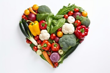 Heart shape made of different vegetables isolated on white background. Heart symbol. Vegetarian diet and healthy organic food concept. Generative AI