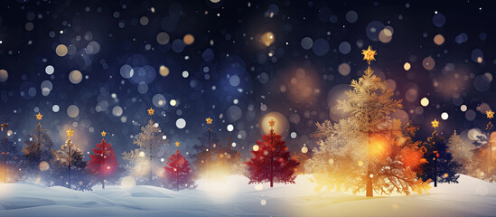 árbol de navidad con bolas iluminadas y estrella en su parte superior en paisaje nocturno nevado, con fondo desenfocado y bokeh - obrazy, fototapety, plakaty