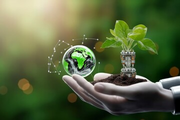 Sustainable development goal (SDGs) concept. Robot hand holding small plants with Environment icon. Green technology and Environmental technology. Artificial Intelligence and Technology, Generative AI - obrazy, fototapety, plakaty