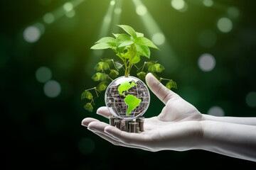 Fototapeta na wymiar Sustainable development goal (SDGs) concept. Robot hand holding small plants with Environment icon. Green technology and Environmental technology. Artificial Intelligence and Technology, Generative AI