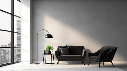 Modern living room, gray sofa, gray lock wall