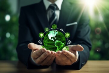 ESG environmental social governance business strategy investing concept. Businessman holding green world ball with Esg icons.Ethical and sustainable investing. Enhance ESG alignment of, Generative AI