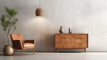 Interior of minimal living room with wooden chair, chest of drawers and vase with flowers near the wall, extremely modern and minimalistic style, white house, moody, window light, Generative AI.