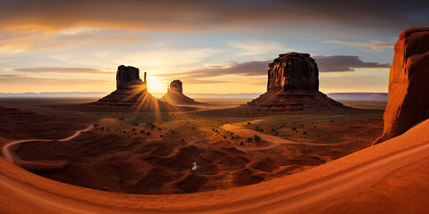 Sunrise illuminates the grandeur of the canyon valley landscape..