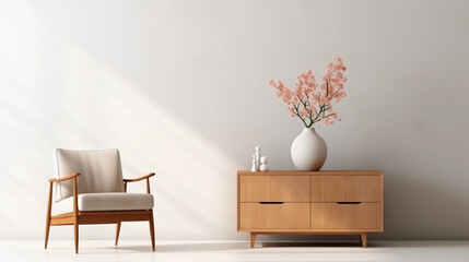 Interior of minimal living room with wooden chair, chest of drawers and vase with pink flowers near the wall, extremely modern and minimalistic style, white house, moody, window light, Generative AI.