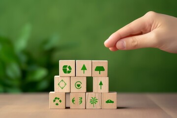 Net zero and carbon neutral concept. Hand puts wooden cubes with netzero icons - renewable energy, co2 emissions reduction, green production, waste recycling.in green, Generative AI