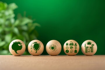 Growing sustainability. LCA-Life cycle assessment concept. Environment icons on wooden sphere balls on a green background. environmental impact assessment related to product value, Generative AI