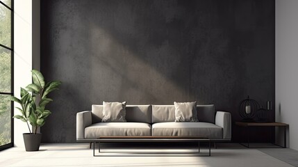 Modern living room, gray sofa, gray lock wall