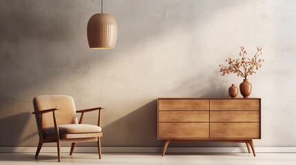 Interior of minimal living room with wooden chair, chest of drawers and vase with flowers near the wall, extremely modern and minimalistic style, white house, moody, window light, Generative AI.
