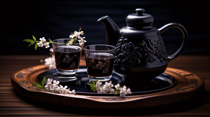 A wooden backdrop sets the stage for a cup and teapot filled with green tea, adorned by a sprig of jasmine..