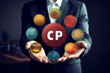 CPI, consumer price index symbol. Businessman holding circle network with word cpi inside with cpi icons around it, Food inflation and crisis. consumer price index, Generative AI