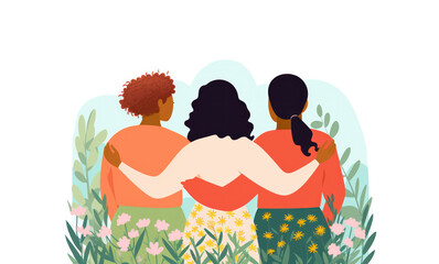 three diverse female friends from behind hugging together in nature flat illustration
