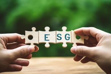 ESG concept of environmental, social, and governance.Hand of people holding a piece of jigsaw puzzle with the word ESG to represent collaboration involvement in solving environmental, Generative AI - obrazy, fototapety, plakaty