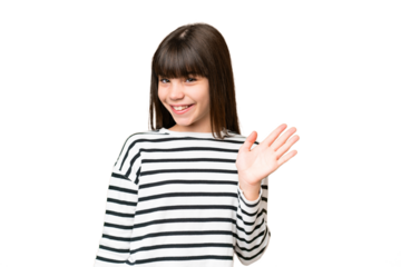 Little caucasian girl over isolated background saluting with hand with happy expression