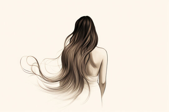 recommend clip art: silhouette of woman with long hair from behind. Beautiful young female brunette sketch isolated on beige background