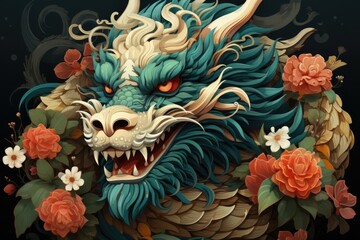 A painting of a dragon with flowers around it. Imaginary illustration. Happy New Year of the Dragon.