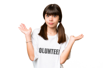 Little volunteer girl over isolated background having doubts while raising hands