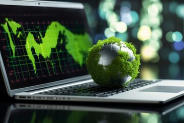 Green Globe on laptop keyboard with Stock graph on the laptop screen. Green business concept. Carbon efficient technology. Digital sustainability. future green energy innovation business,Generative AI