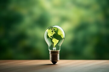 Renewable Energy. Environmental protection, renewable, sustainable energy sources. Green world map on the light bulb on green background .green energy, Generative AI