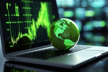 Green Globe on laptop keyboard with Stock graph on the laptop screen. Green business concept. Carbon efficient technology. Digital sustainability. future green energy innovation business,Generative AI