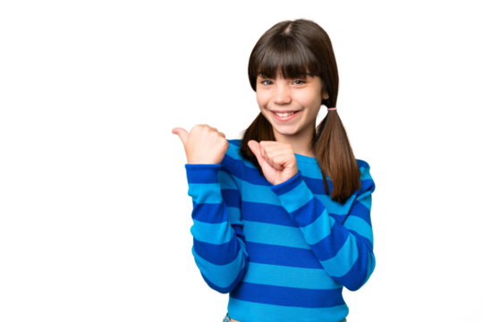 Little caucasian girl over isolated background pointing to the side to present a product