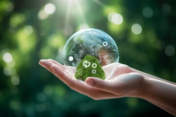 Circular economy concept. Hand-holding crystal globe with a circular economy icon around it. Ideas for future growth of business and design to reuse and renewable material resources. Generative AI