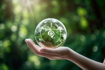Circular economy concept. Hand-holding crystal globe with a circular economy icon around it. Ideas for future growth of business and design to reuse and renewable material resources. Generative AI
