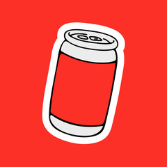 Beer can doodle sticker. Hand drawn with marker, pencil or pen red beer can. Cartoon sketchy brewing element. (Full Vector)