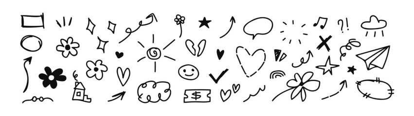 Doodle and scribbles set. Hand - drawn flower, heart, smiley, sun, house, star and other outlined marker icons. Cute cartoon pencil sketches of decorative icons. (Full Vector)