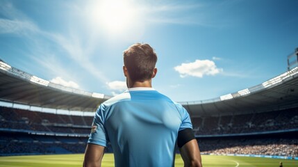 Fototapeta na wymiar Professional blue uniform football player at big stadium. Generative AI technology. 